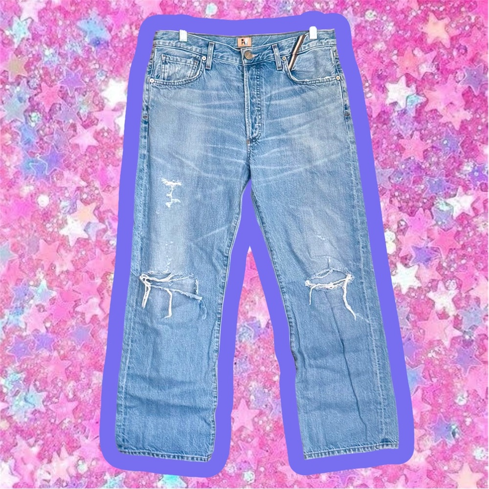 Jean Atelier denim jeans sz 8 luxury agolde destroyed pants straight leg grunge